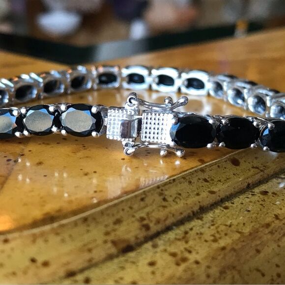 Natural Black Jade Sterling Silver Tennis Bracelet - Picture 3 of 7